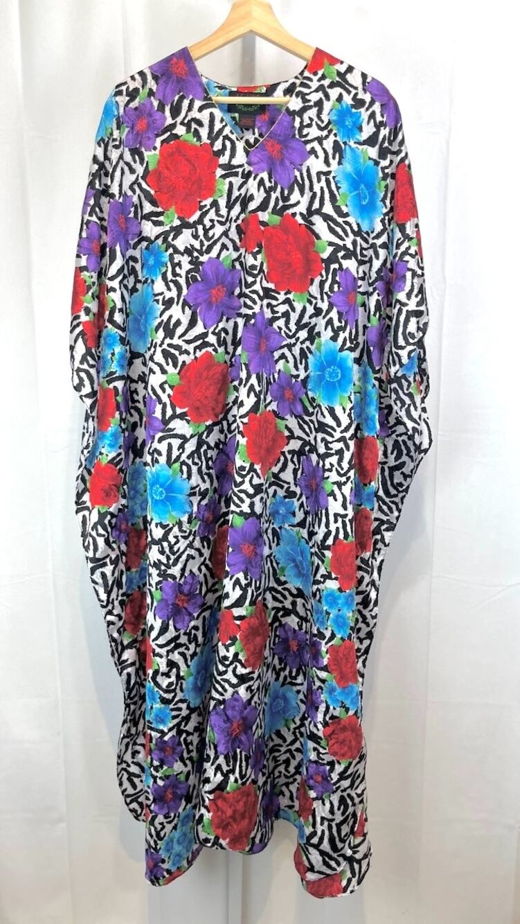ASHRO Floral Caftan Maxi Dress V Neck Multicolor One Size OS